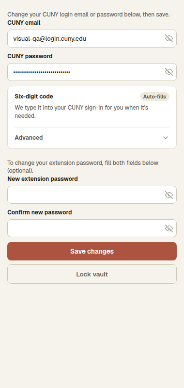 Unlocked vault showing the six-digit code that auto-fills on CUNY sign-in