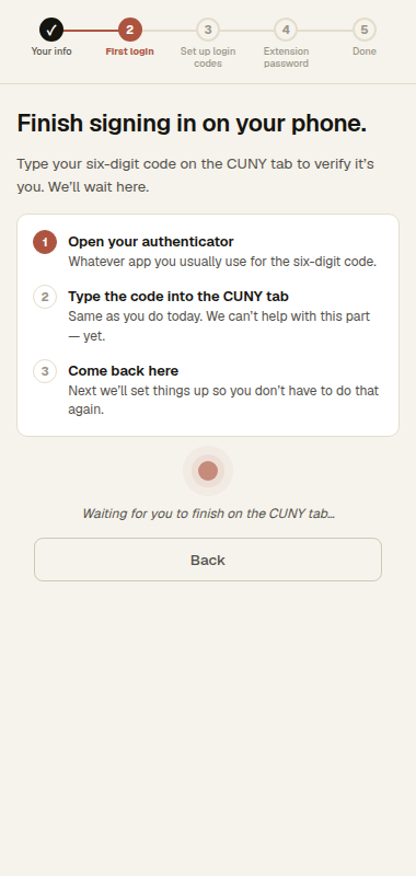 Guided setup step walking through your first CUNY login