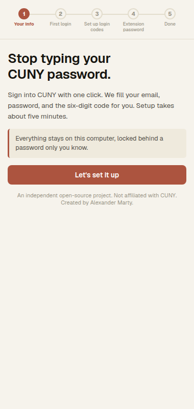CUNYAutoLogin sidebar showing the guided setup welcome screen